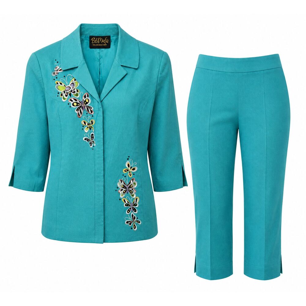 Bob Mackie Turquoise Embroidered Jacket and Capri Pants Set